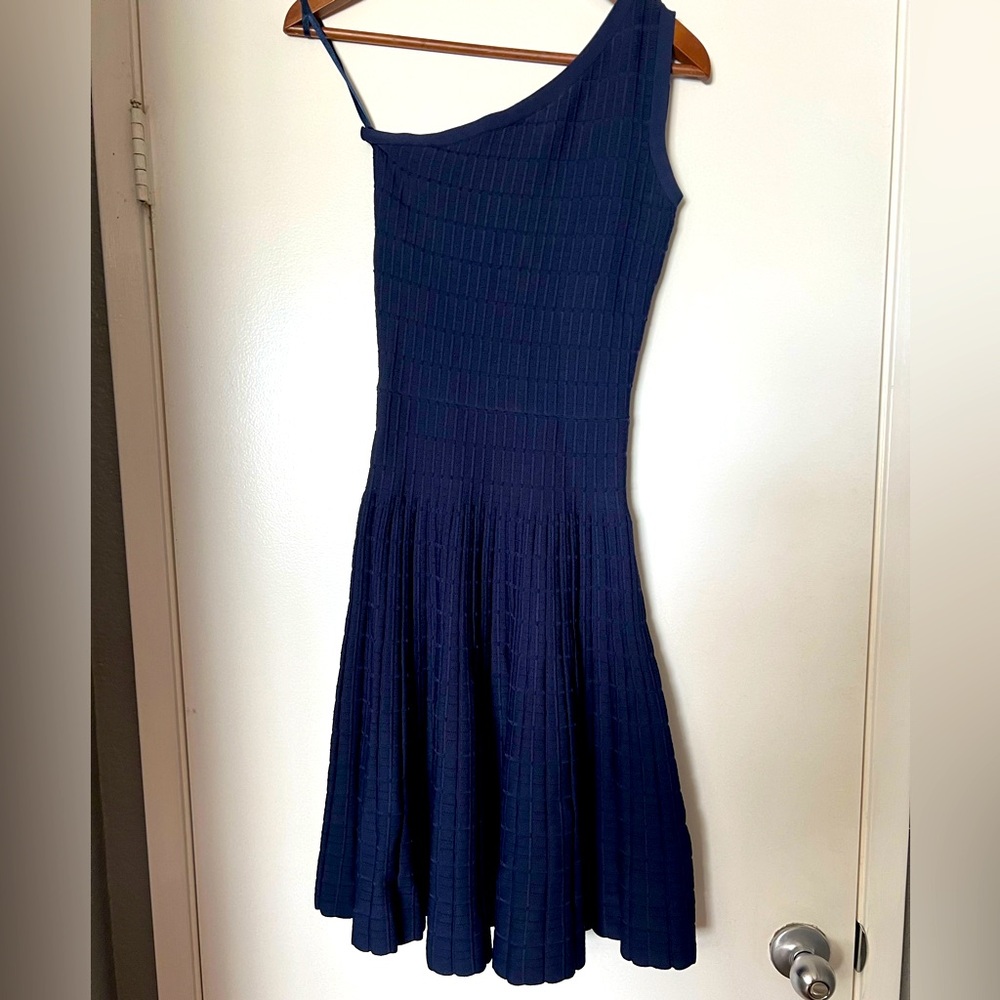 Michael Kors One shoulder jacquard knit Blue dress Asymmetrical Stretch XXS NWT
